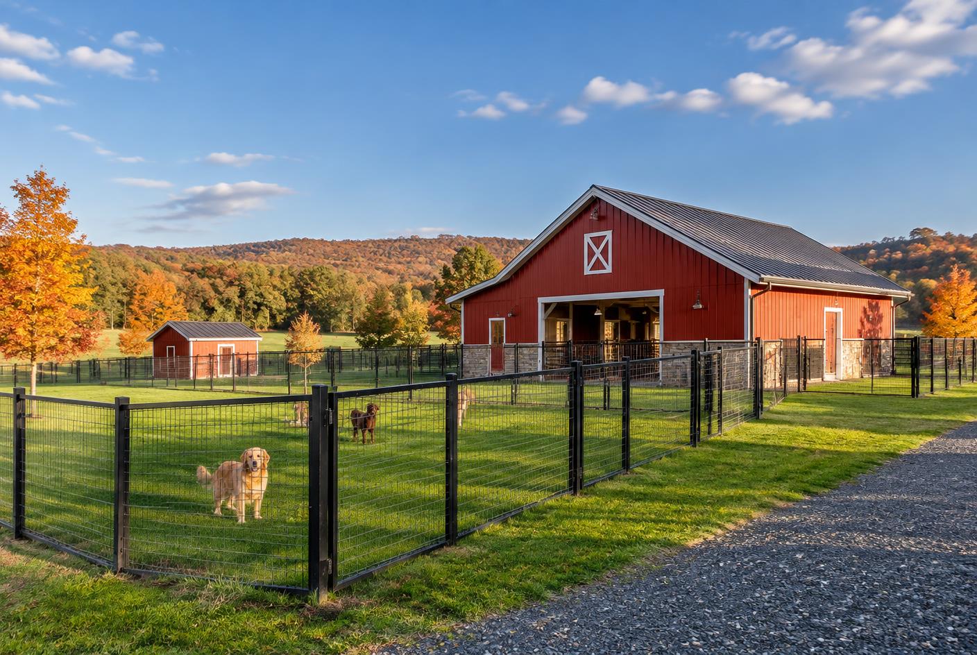 A red barn with fenced grass runs on a Pennsylvania farm